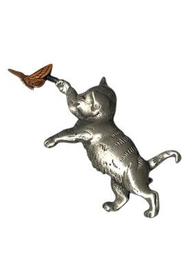 JJ (jonette Jewelry) Trembler Cat & Butterfly Pewter Brooch Pin 1970s 1980s